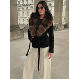 Women’s Wool Coat with Elegant Fur Collar – Contrast Lace-Up Turn-Down Collar Outwear Autumn Fashion