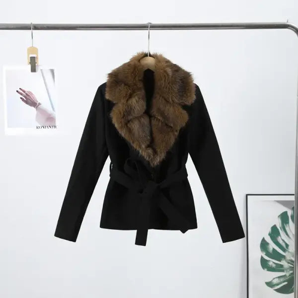 Women’s Wool Coat with Elegant Fur Collar – Contrast Lace-Up Turn-Down Collar Outwear Autumn Fashion - black01 / M