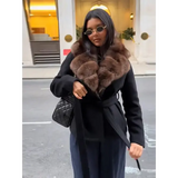 Women’s Wool Coat with Elegant Fur Collar – Contrast Lace-Up Turn-Down Collar Outwear Autumn Fashion