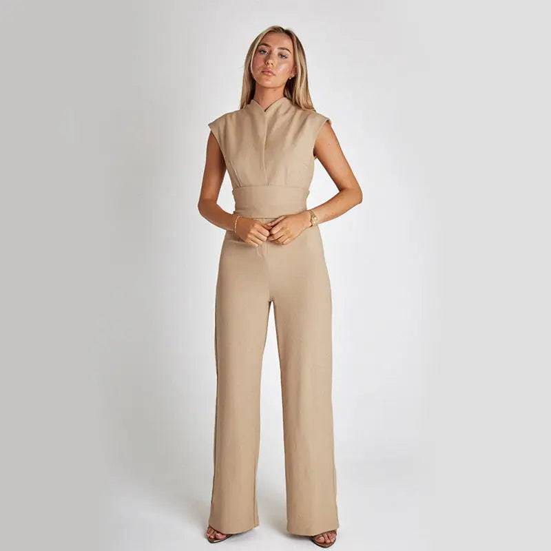 Elegant Jumpsuit - Sleeveless Wide Leg Summer Fashion Outfit - Khaki / 2XL