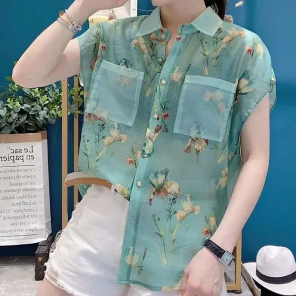 Elegant Korean Turn-Down Collar Shirt with Pockets – Women's Summer Blouse - Himpall