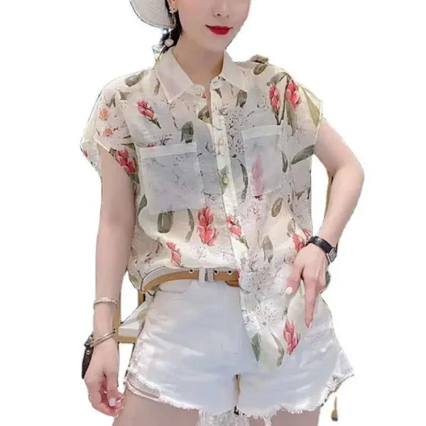 Elegant Korean Turn-Down Collar Shirt with Pockets – Women's Summer Blouse - Himpall