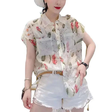 Elegant Korean Turn-Down Collar Shirt with Pockets – Women's Summer Blouse - Himpall