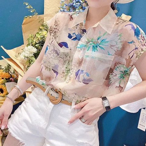 Elegant Korean Turn-Down Collar Shirt with Pockets – Women's Summer Blouse - Himpall