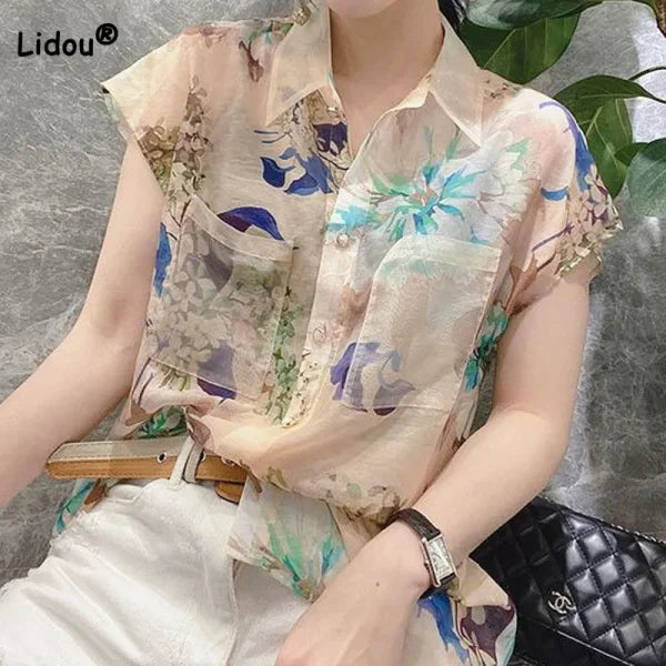 Elegant Korean Turn-Down Collar Shirt with Pockets – Women's Summer Blouse - Himpall