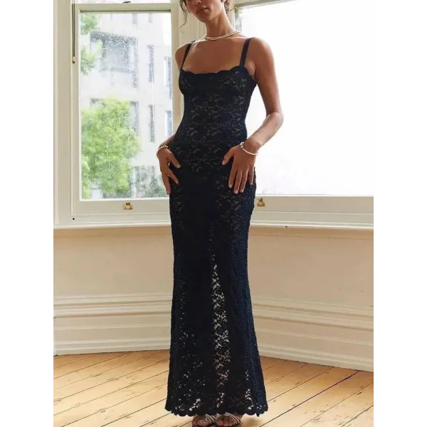 Elegant Lace Maxi Dress: Spaghetti Straps Bodycon Style