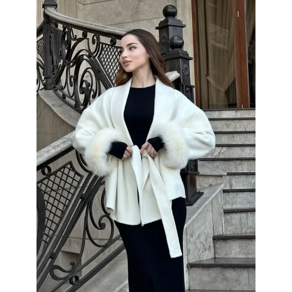 Elegant Lace Up Woolen Coat Women Solid Loose Lapel Furry Belt Long Sleeve Short Jacket 2025 Autumn Winter Lady