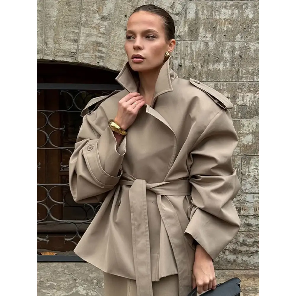 Elegant Lace Up Woolen Coat Women Solid Loose Lapel Furry Belt Long Sleeve Short Jacket 2025 Autumn Winter Lady