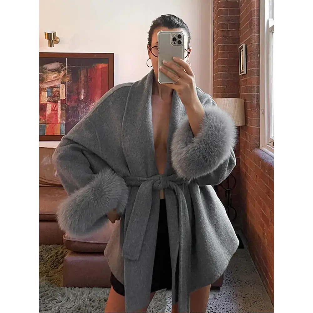 Elegant Lace Up Woolen Coat Women Solid Loose Lapel Furry Belt Long Sleeve Short Jacket 2025 Autumn Winter Lady