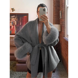 Elegant Lace Up Woolen Coat Women Solid Loose Lapel Furry Belt Long Sleeve Short Jacket 2025 Autumn Winter Lady