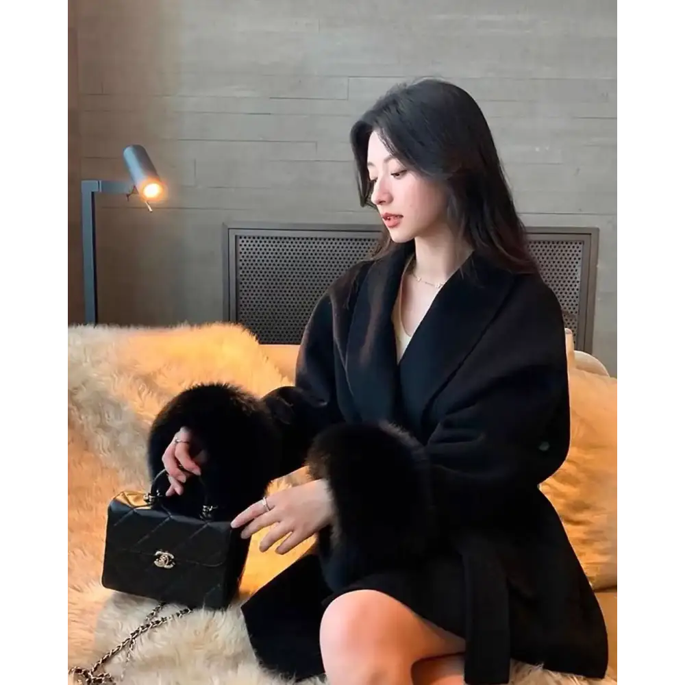 Elegant Lace Up Woolen Coat Women Solid Loose Lapel Furry Belt Long Sleeve Short Jacket 2025 Autumn Winter Lady