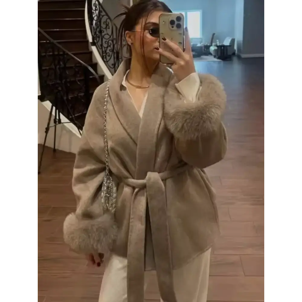 Elegant Lace Up Woolen Coat Women Solid Loose Lapel Furry Belt Long Sleeve Short Jacket 2025 Autumn Winter Lady