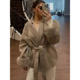 Elegant Lace Up Woolen Coat Women Solid Loose Lapel Furry Belt Long Sleeve Short Jacket 2025 Autumn Winter Lady