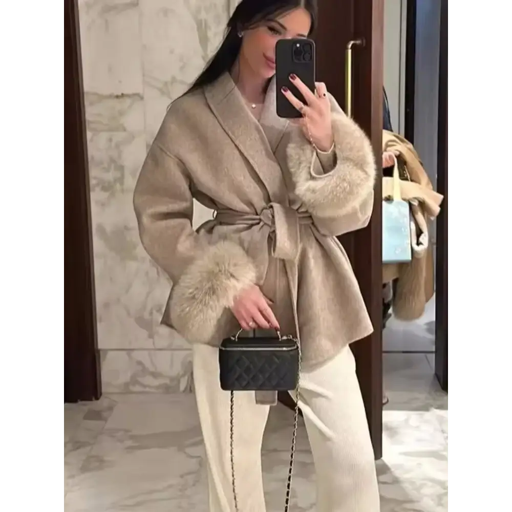 Elegant Lace Up Woolen Coat Women Solid Loose Lapel Furry Belt Long Sleeve Short Jacket 2025 Autumn Winter Lady