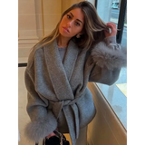 Elegant Lace Up Woolen Coat Women Solid Loose Lapel Furry Belt Long Sleeve Short Jacket 2025 Autumn Winter Lady