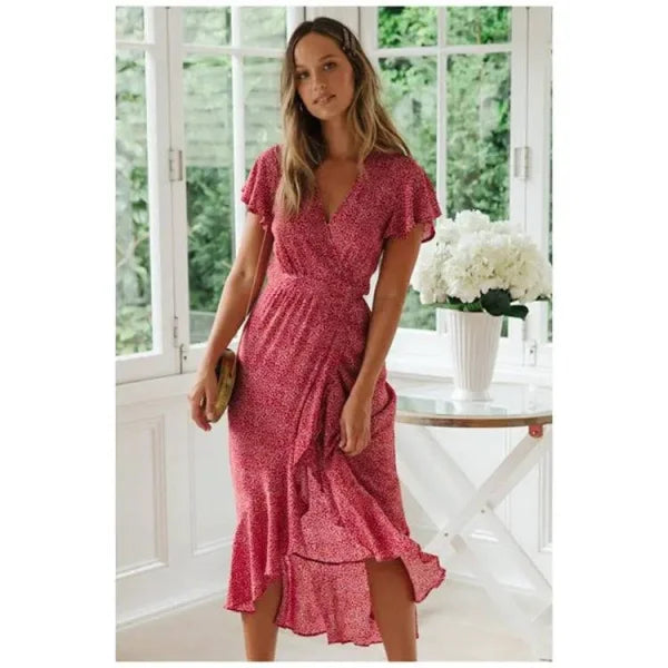 Elegant Lace V-Neck Short-Sleeved Women's Floral Dress - Himpall