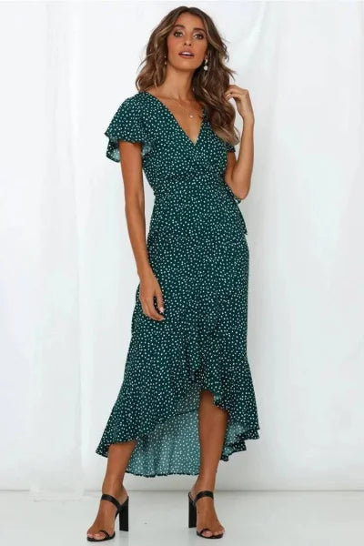 Floral Dress – Elegant Lace V-Neck Short-Sleeved Women’s Dress - Dark green / L