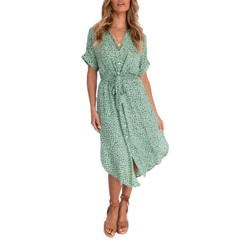 Floral Dress – Elegant Lace V-Neck Short-Sleeved Women’s Dress - Green / L