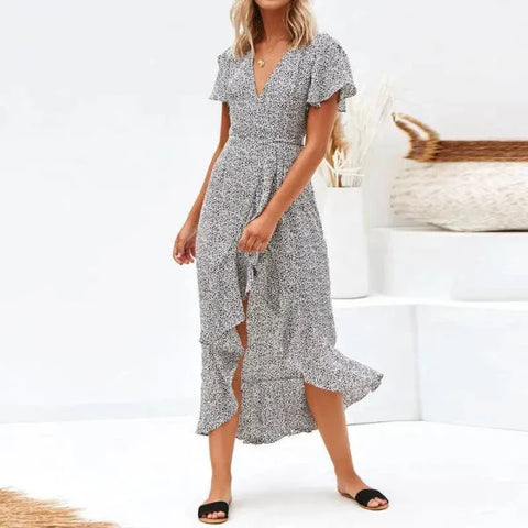 Floral Dress – Elegant Lace V-Neck Short-Sleeved Women’s Dress - Grey / L