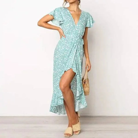 Floral Dress – Elegant Lace V-Neck Short-Sleeved Women’s Dress - Light Blue / L