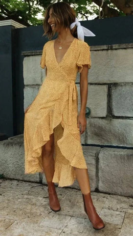 Floral Dress – Elegant Lace V-Neck Short-Sleeved Women’s Dress - Yellow / L