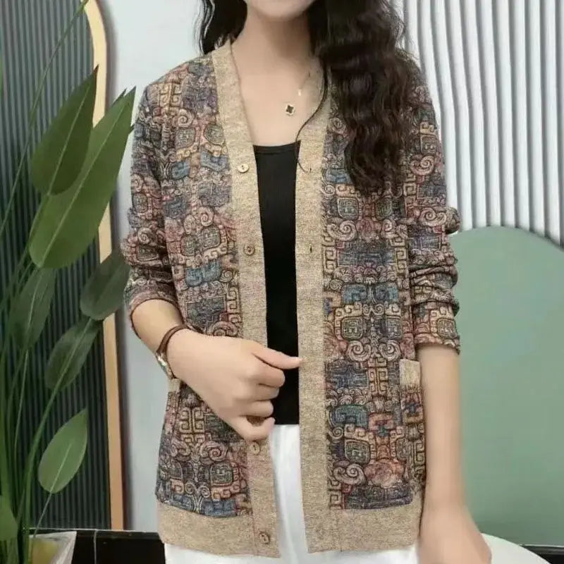 Elegant Long Sleeve Printed V-Neck Button Cardigan Spring Autumn Thin Vintage Casual Pockets Floral Sweaters Female