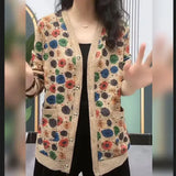 Elegant Long Sleeve Printed V-Neck Button Cardigan Spring Autumn Thin Vintage Casual Pockets Floral Sweaters Female
