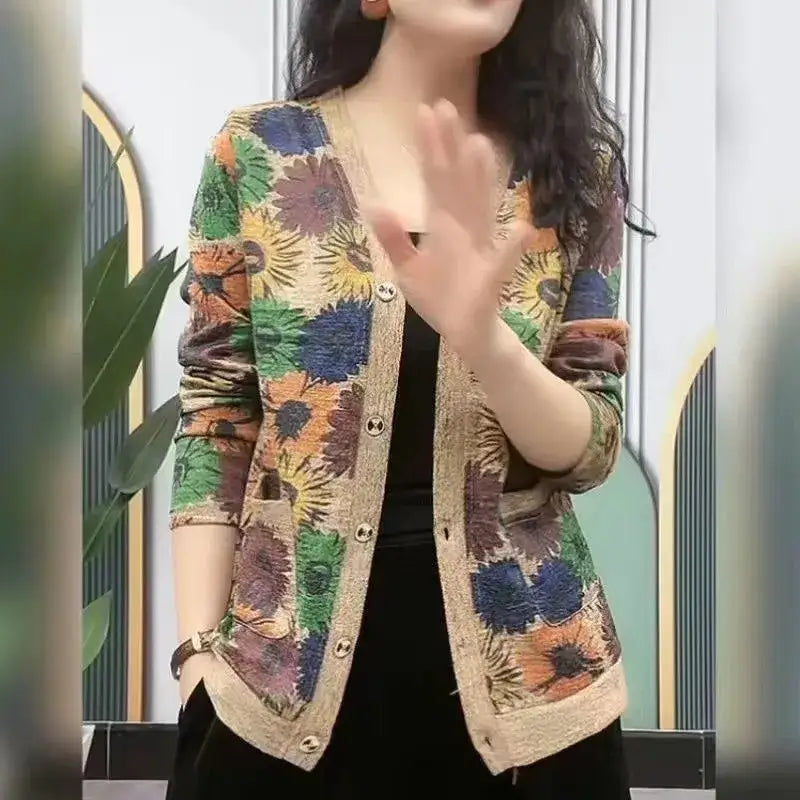 Elegant Long Sleeve Printed V-Neck Button Cardigan Spring Autumn Thin Vintage Casual Pockets Floral Sweaters Female