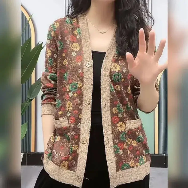 Elegant Long Sleeve Printed V-Neck Button Cardigan Spring Autumn Thin Vintage Casual Pockets Floral Sweaters Female