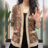 Elegant Long Sleeve Printed V-Neck Button Cardigan Spring Autumn Thin Vintage Casual Pockets Floral Sweaters Female