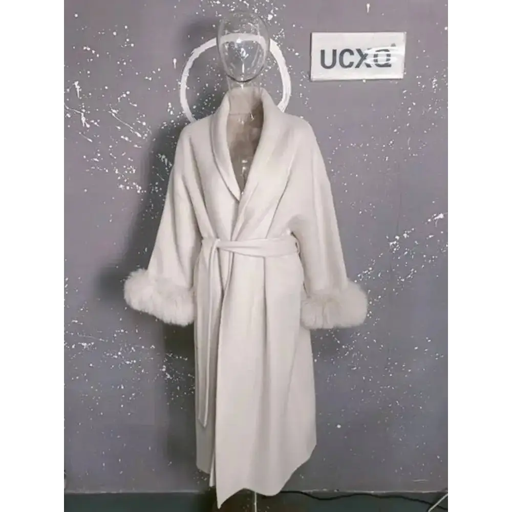 Elegant Office Lady Woolen Coat - Long Pattern White / M