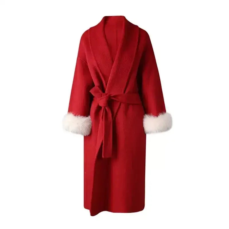 Elegant Office Lady Woolen Coat - long red as shown / S