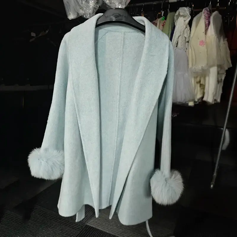 Elegant Office Lady Woolen Coat - short Blue / L