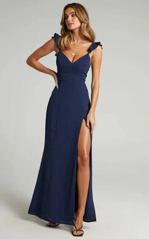 Women’s Dress – Elegant Ruffled Dress for Summer & Fashion Events - Navy Blue / L