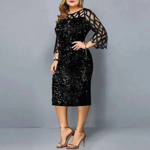 Elegant Sequin Dress - Plus Size Midi Dress for Casual Evenings & Parties - Black / XL