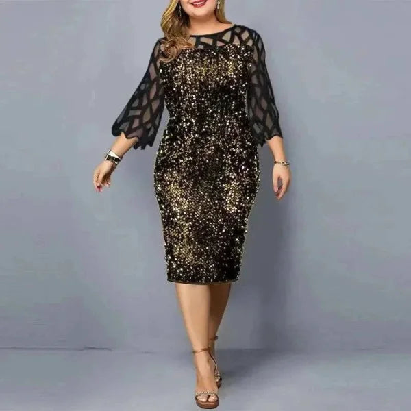 Elegant Sequin Dress - Plus Size Midi Dress for Casual Evenings & Parties - Black gold / XL