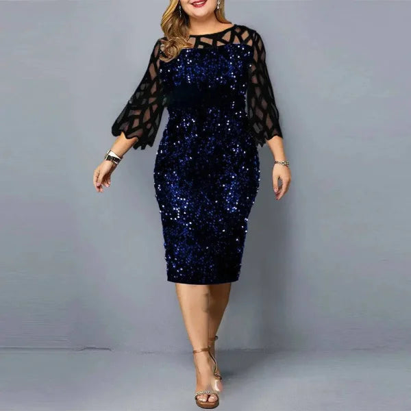 Elegant Sequin Dress - Plus Size Midi Dress for Casual Evenings & Parties - Blue on Black / XL