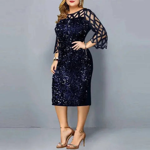 Elegant Sequin Dress - Plus Size Midi Dress for Casual Evenings & Parties - Blue / XL