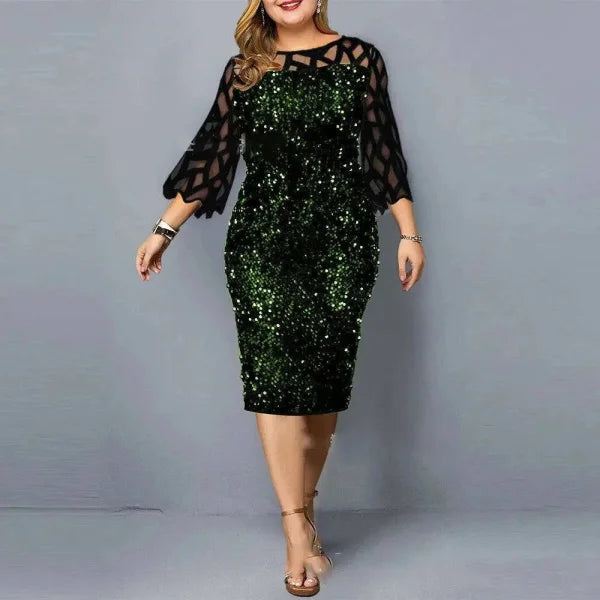 Elegant Sequin Dress - Plus Size Midi Dress for Casual Evenings & Parties - Green on Black / XL