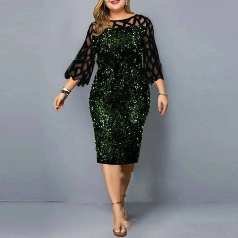 Elegant Sequin Dress - Plus Size Midi Dress for Casual Evenings & Parties - Green on Black / XL