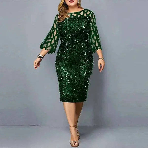 Elegant Sequin Dress - Plus Size Midi Dress for Casual Evenings & Parties - Green / XL
