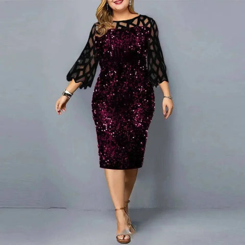 Elegant Sequin Dress - Plus Size Midi Dress for Casual Evenings & Parties - Purple on Black / XL