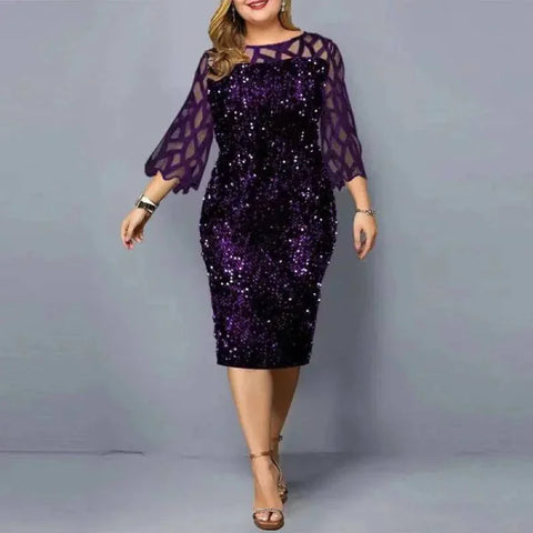 Elegant Sequin Dress - Plus Size Midi Dress for Casual Evenings & Parties - PURPLE / XL