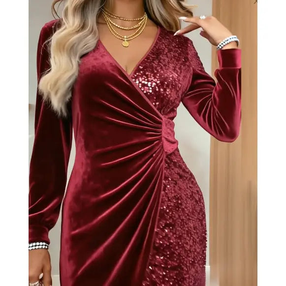 Elegant Sequins Design Long Sleeve Party Dress Women Sexy V Neck Bodycon Dresses For Women Evening Dress Christmas