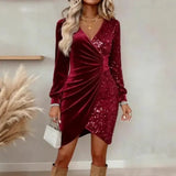 Elegant Sequins Design Long Sleeve Party Dress Women Sexy V Neck Bodycon Dresses For Women Evening Dress Christmas