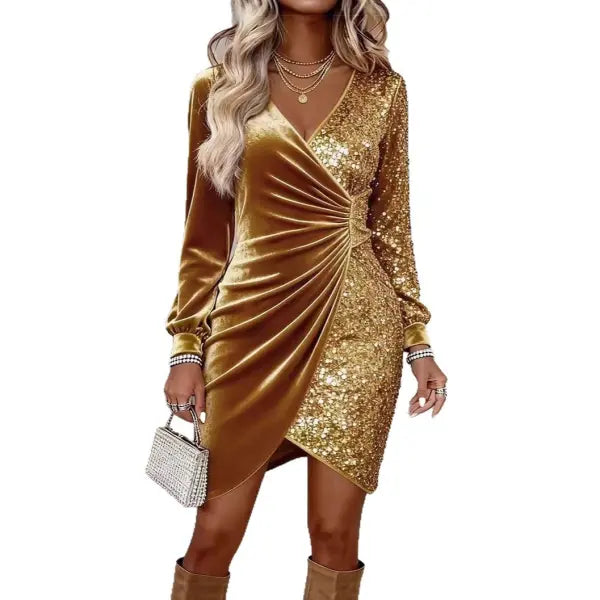 Elegant Sequins Design Long Sleeve Party Dress Women Sexy V Neck Bodycon Dresses For Women Evening Dress Christmas