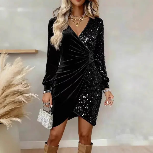 Elegant Sequins Design Long Sleeve Party Dress Women Sexy V Neck Bodycon Dresses For Women Evening Dress Christmas