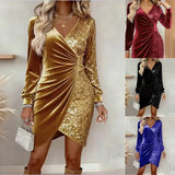Elegant Sequins Design Long Sleeve Party Dress Women Sexy V Neck Bodycon Dresses For Women Evening Dress Christmas