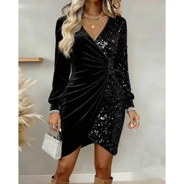 Elegant Sequins Design Long Sleeve Party Dress Women Sexy V Neck Bodycon Dresses For Women Evening Dress Christmas
