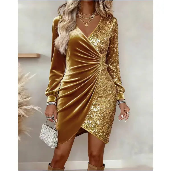 Elegant Sequins Design Long Sleeve Party Dress Women Sexy V Neck Bodycon Dresses For Women Evening Dress Christmas